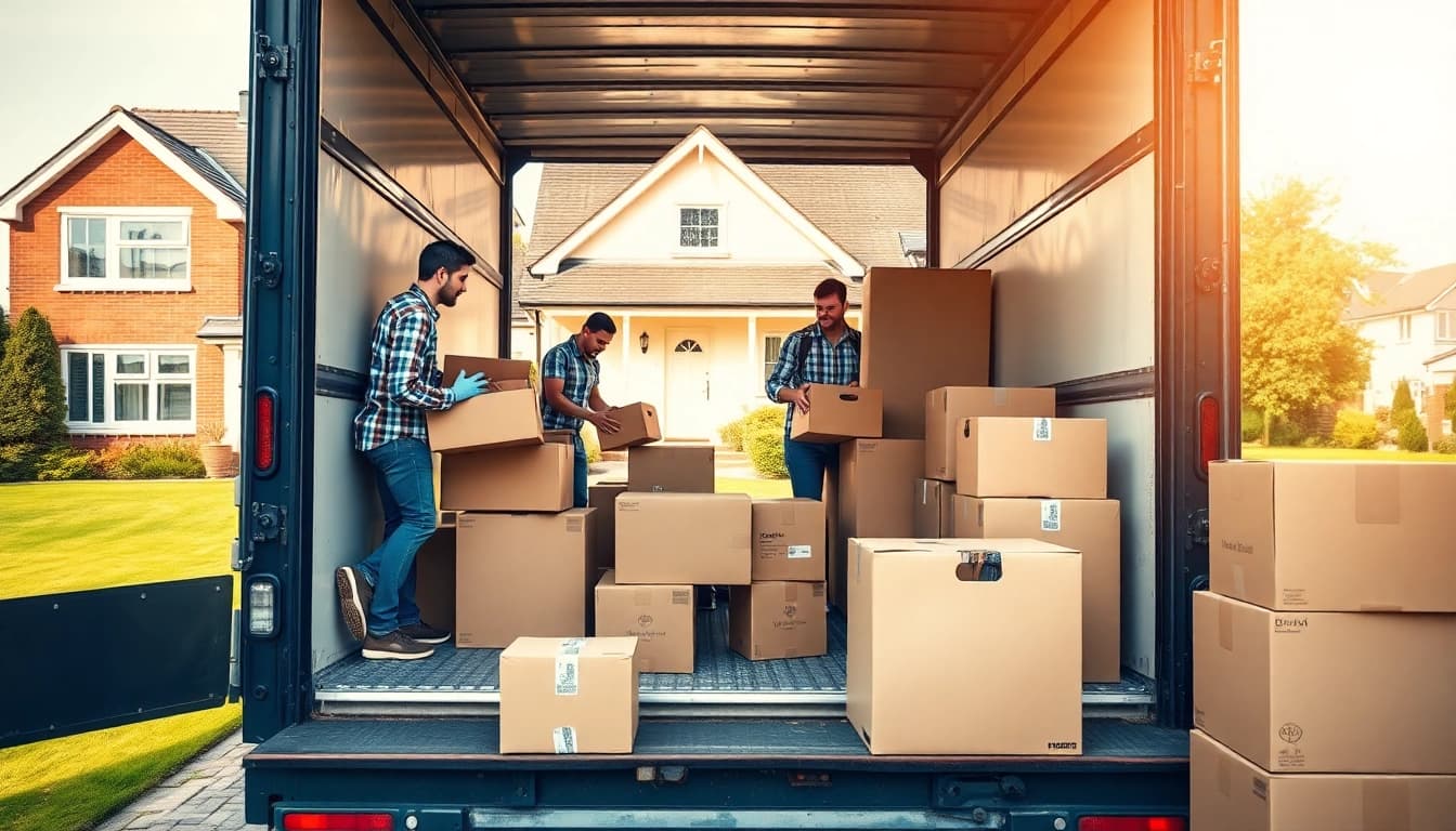 Efficient removals near me team loading a moving truck in a sunny suburban area.