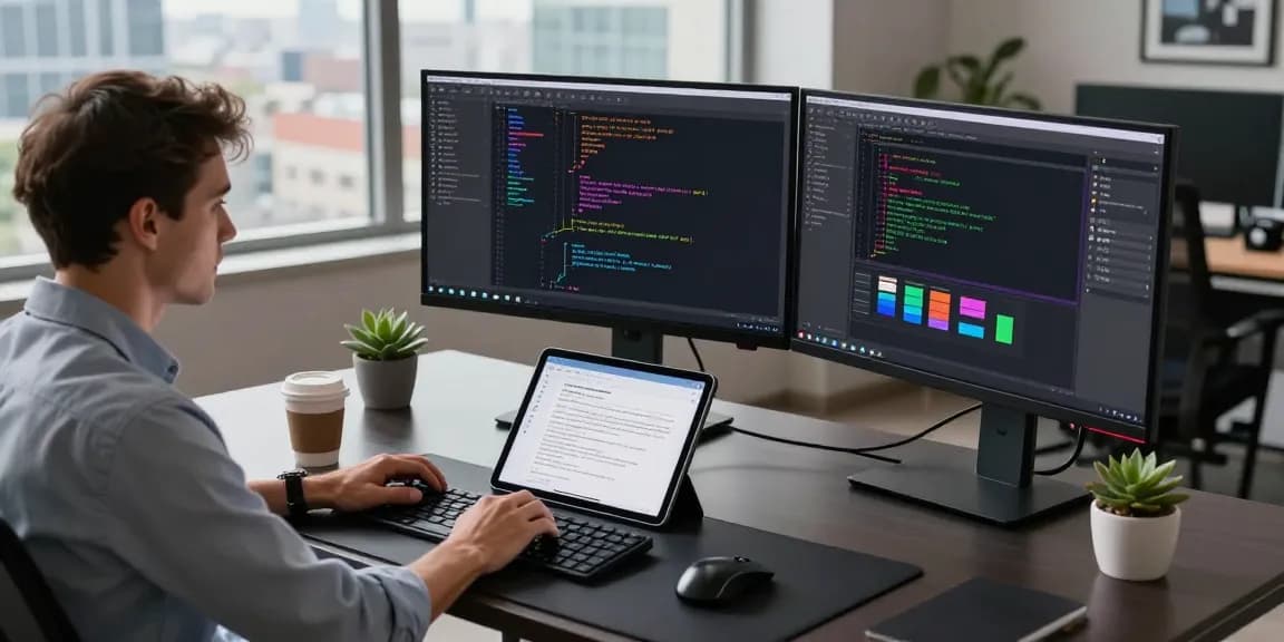 High-tech workspace illustrating 截图软件下载 in action with professional developer, multiple monitors, and OCR text recognition.