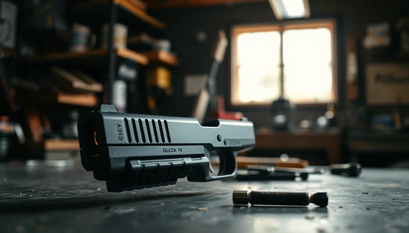 Showcase the Glock 19 Gen 3 OEM Slide emphasizing its features and craftsmanship on a workbench.