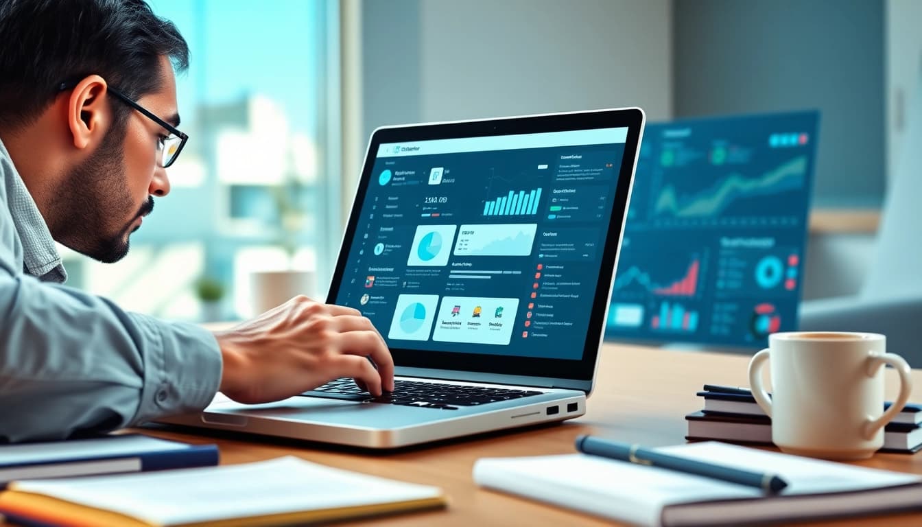 Performing linkedin sales navigator data extraction with a laptop and analytics dashboard displayed.