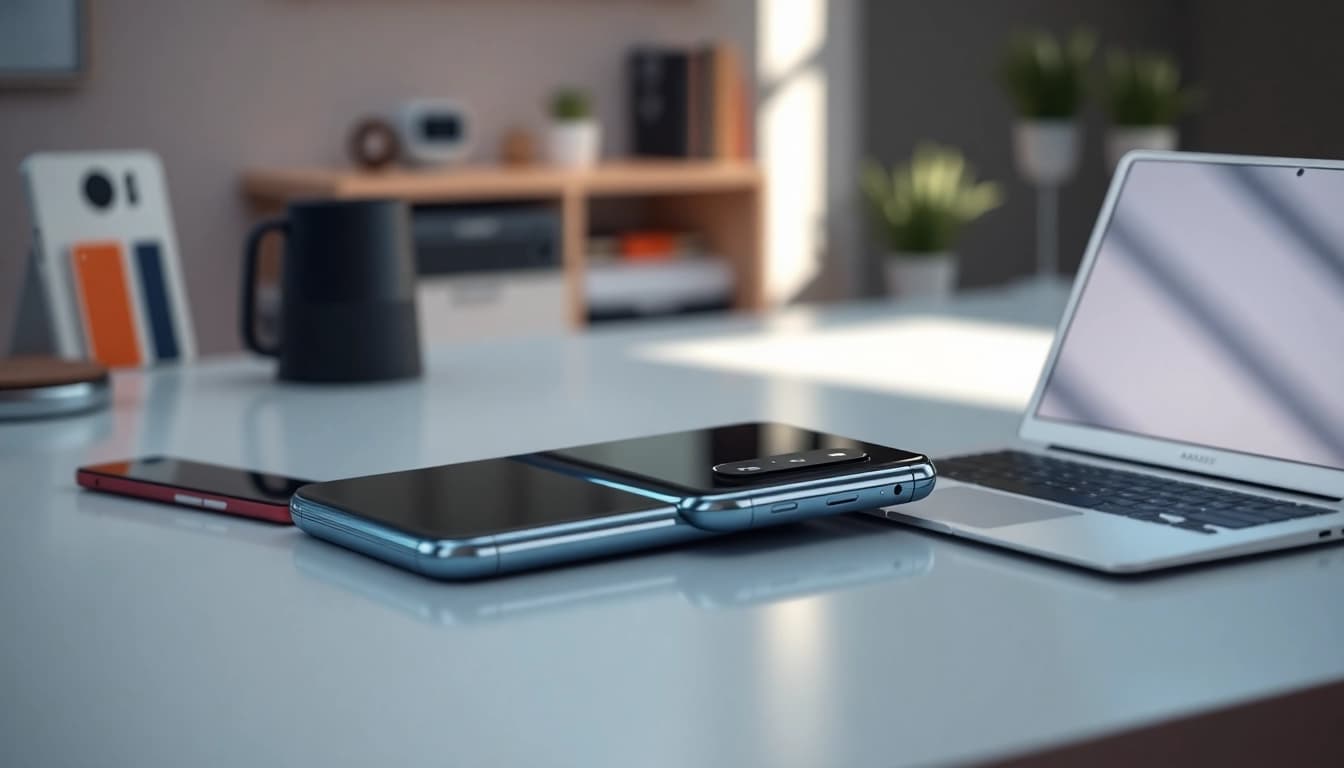 The sleek Samsung Galaxy S8 showcasing its edge-to-edge design and camera features in a modern workspace.