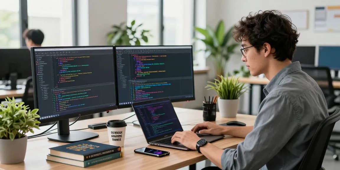 Explore a modern software development workspace featuring coding activities and technology, essential for 纸飞机中文版官网 users.