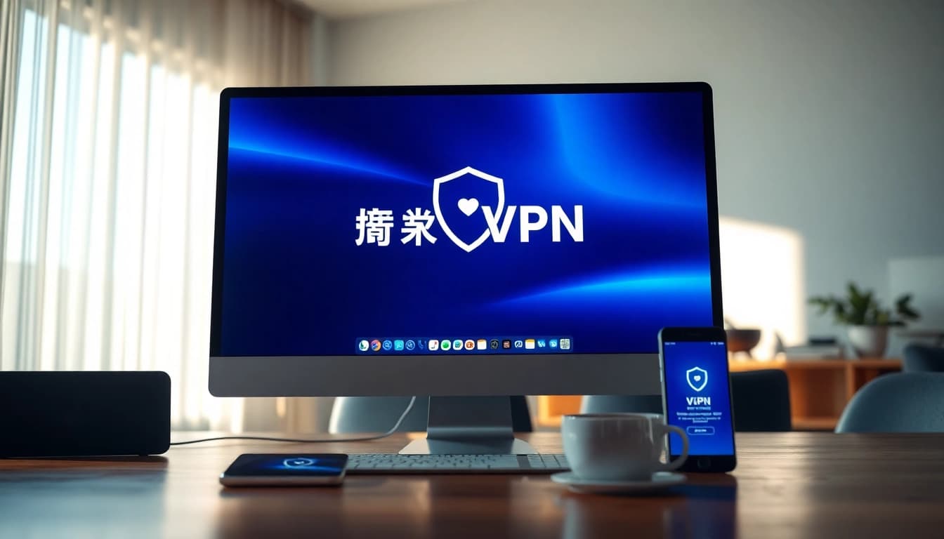 快连VPN interface on a modern workspace computer screen, emphasizing security and efficiency.