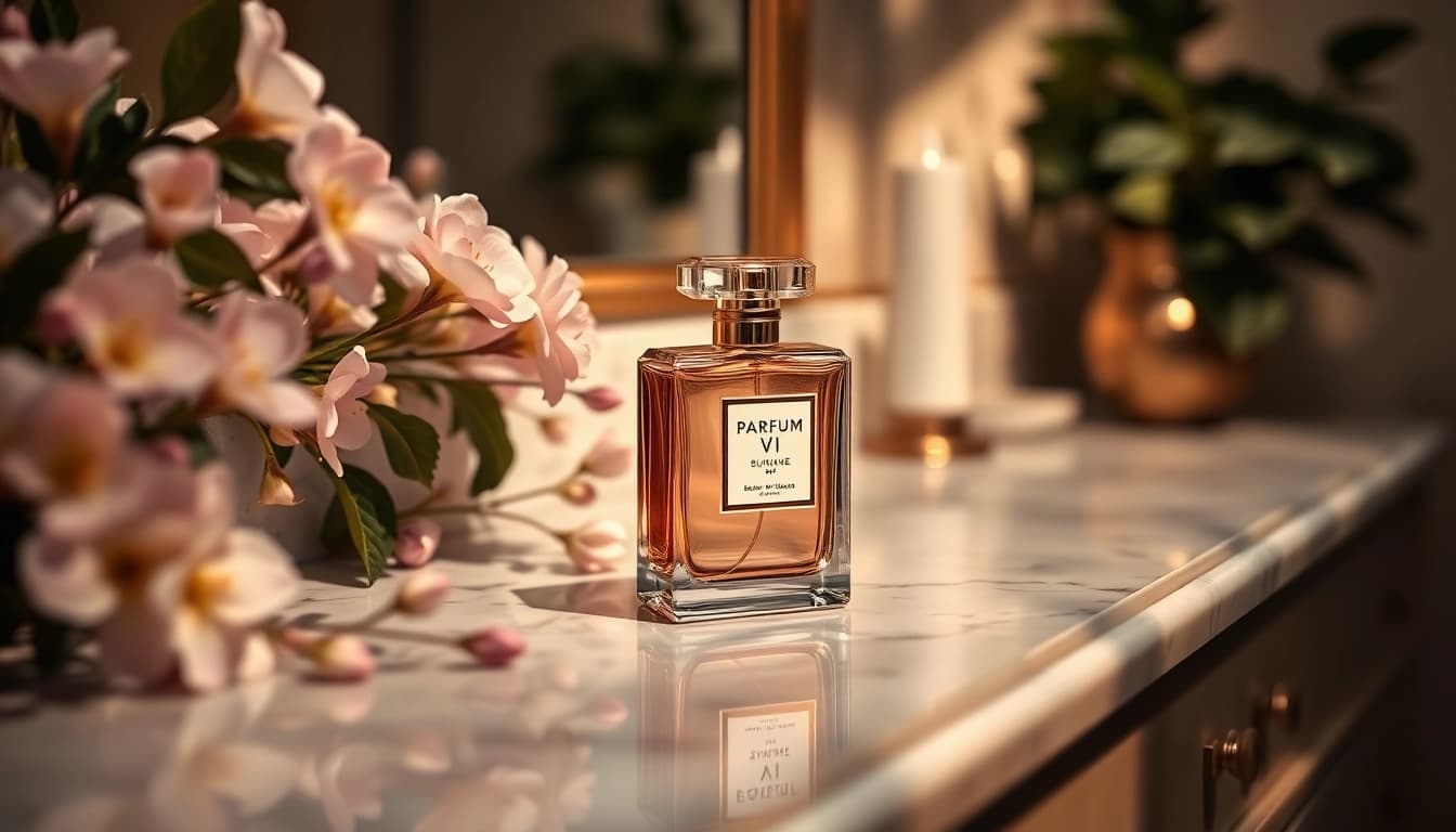 Captivating display of parfum vi by gianni vive sulman bottle with floral accents and warm lighting.