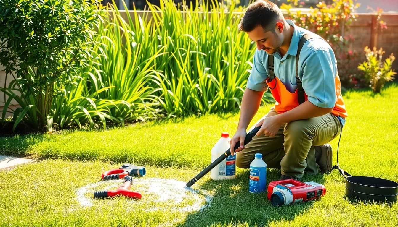 Applying home insect barrier treatment for a pest-free backyard.