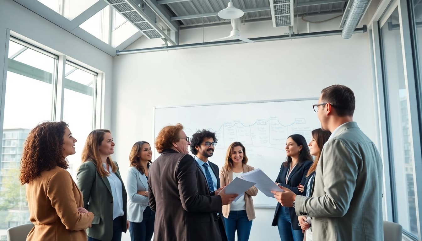 People sharing information in a vibrant conference room, energizing collaboration.