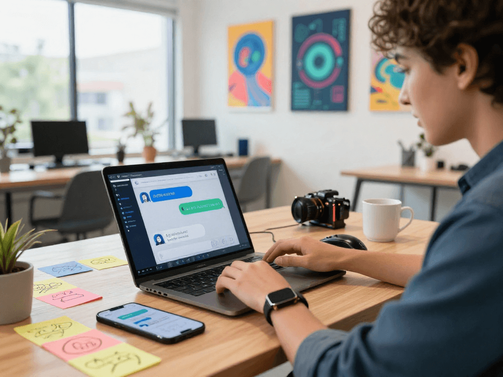 Engaging with an nsfw chat bot on a modern laptop in a vibrant workspace.