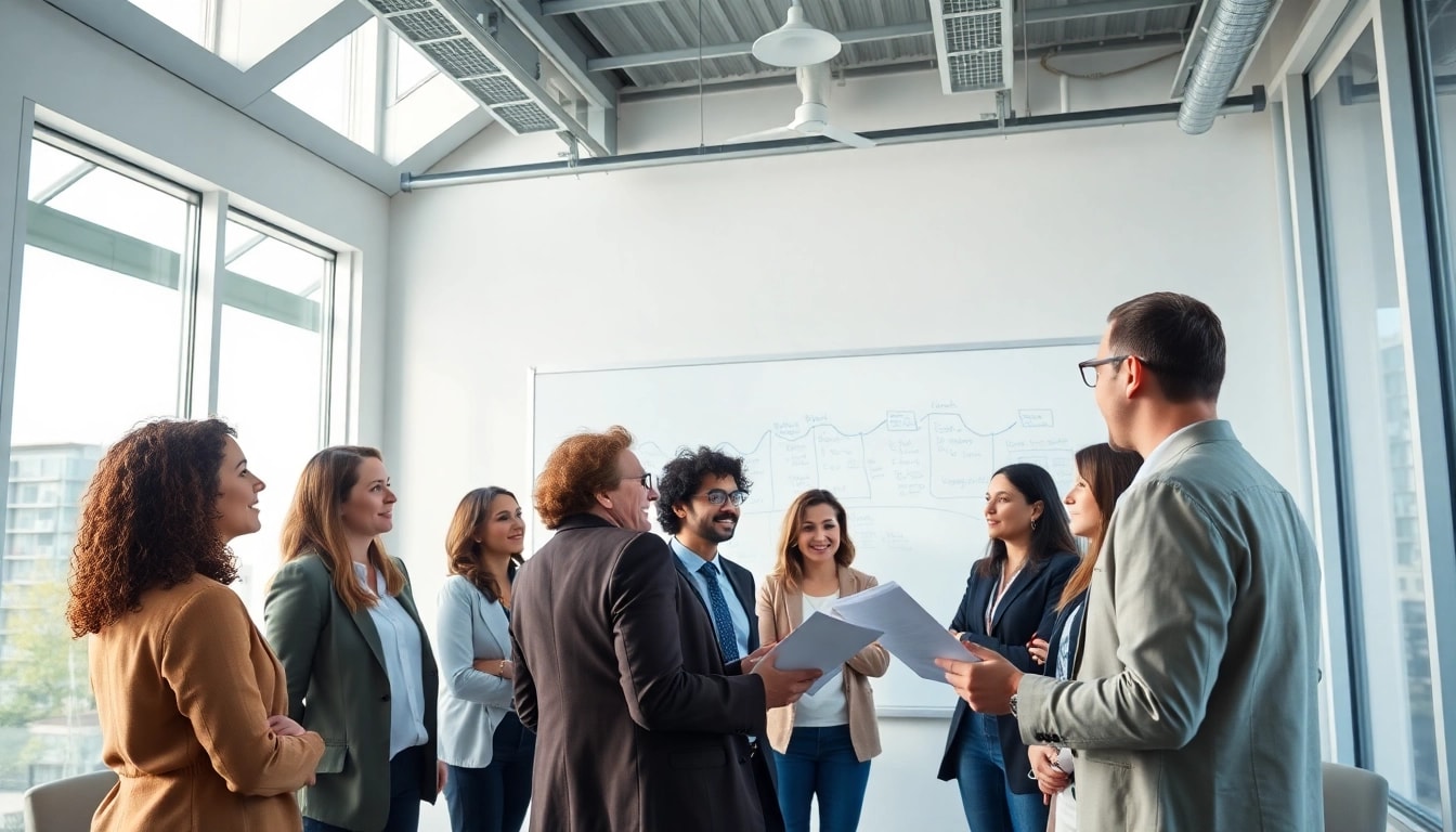 People sharing information in a vibrant conference room, energizing collaboration.