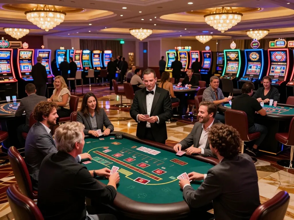 Players enjoying a thrilling blackjack game at TR88 casino, showing dealer and lively atmosphere