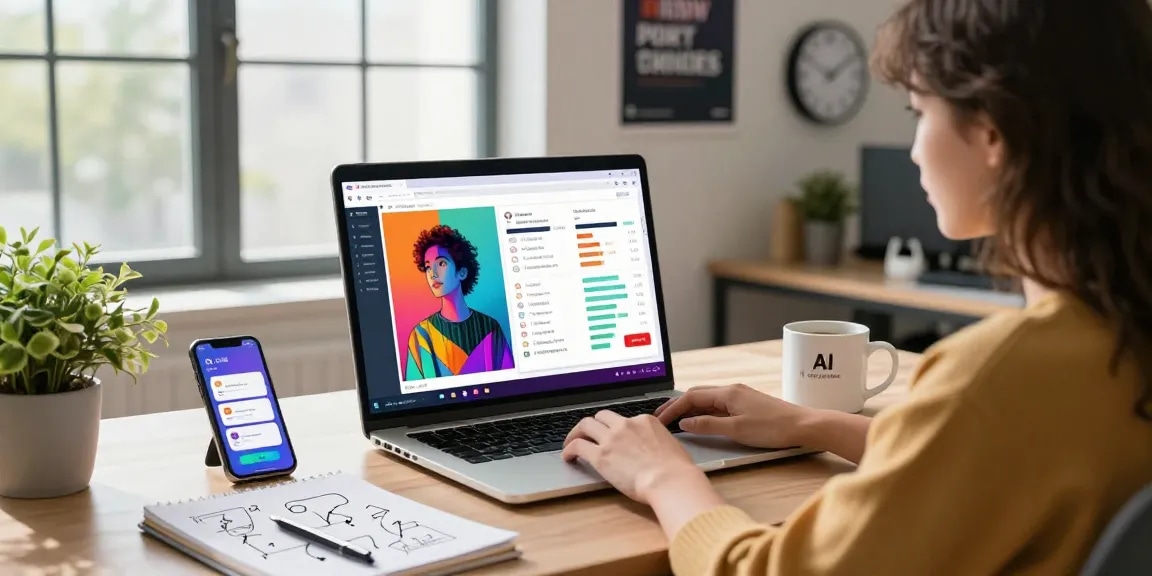 Data analyst reviewing results from the ai image checker in a modern workspace, showcasing AI software interface and productivity elements.