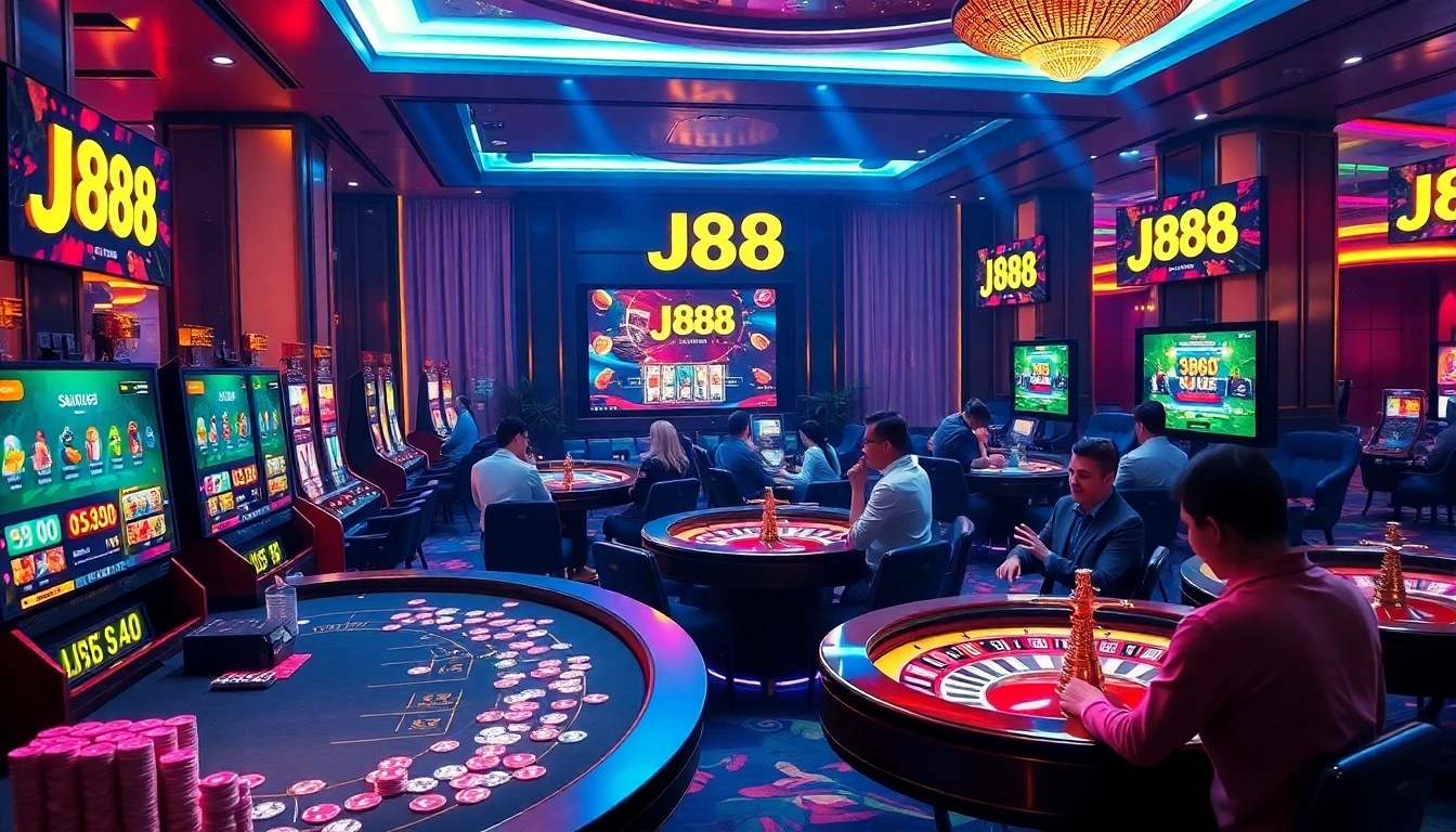 Players enjoying an exciting game at the J88 casino interface, revealing vibrant chips and cards.