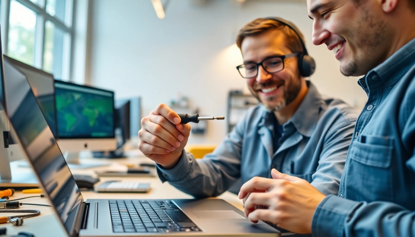 Providing computer help by a technician assisting with laptop troubleshooting in a tech workshop.