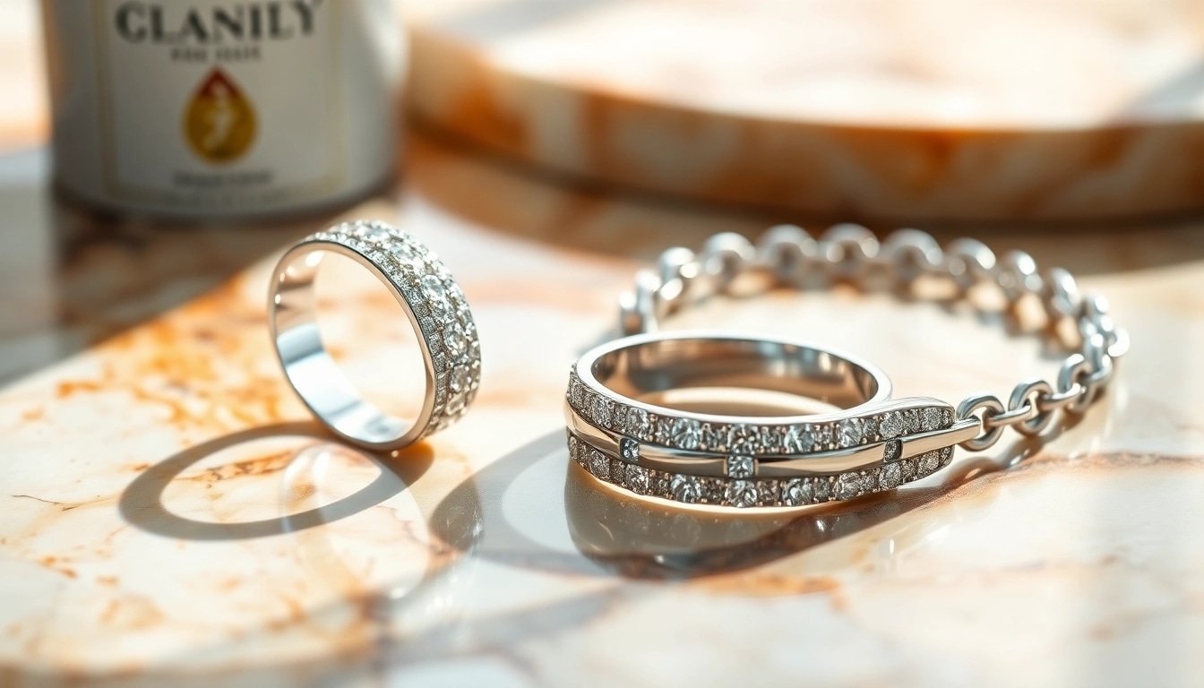 Showcasing platinum jewelry with intricate designs and smooth textures against a marbled background.