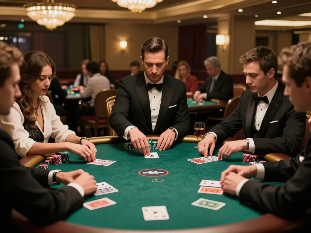 Players engaging in a high-stakes poker game at Hitclub casino, surrounded by luxury.