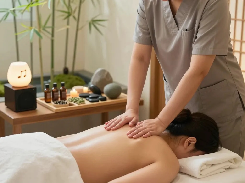 Experiencing a calming 논현동마사지 in a tranquil spa setting with soothing elements.