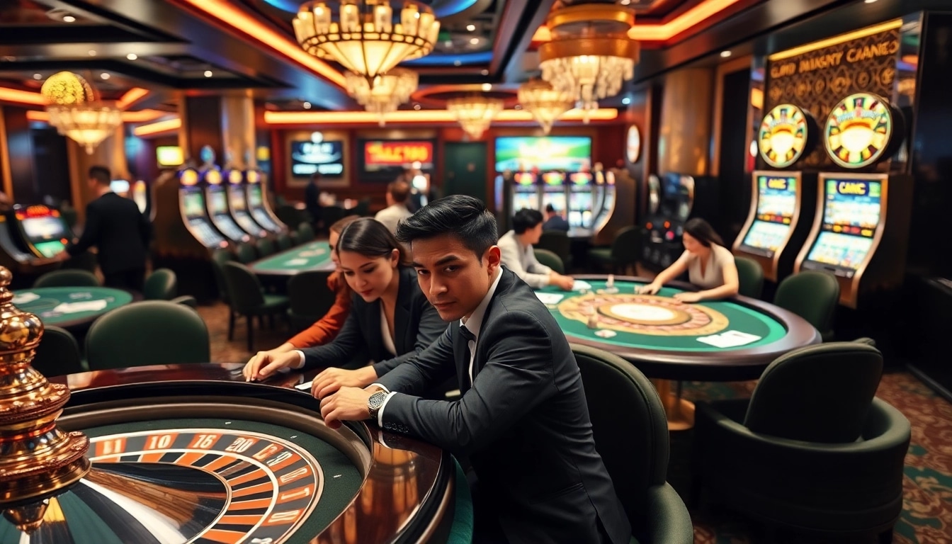 Experience thrilling gaming at EV88 with luxurious slots and poker tables in a vibrant casino setting.