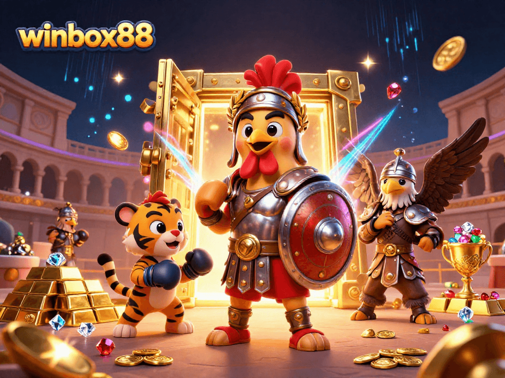 Winbox88 gaming scene featuring rooster gladiator, treasure vault, and vibrant casino elements