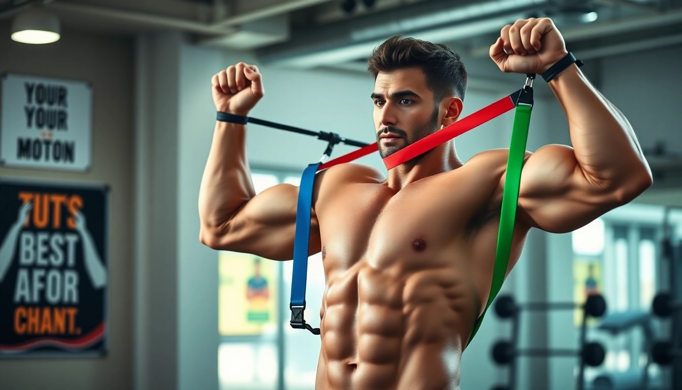 Dynamic demonstration of assisted pull-up bands in a modern gym setting.