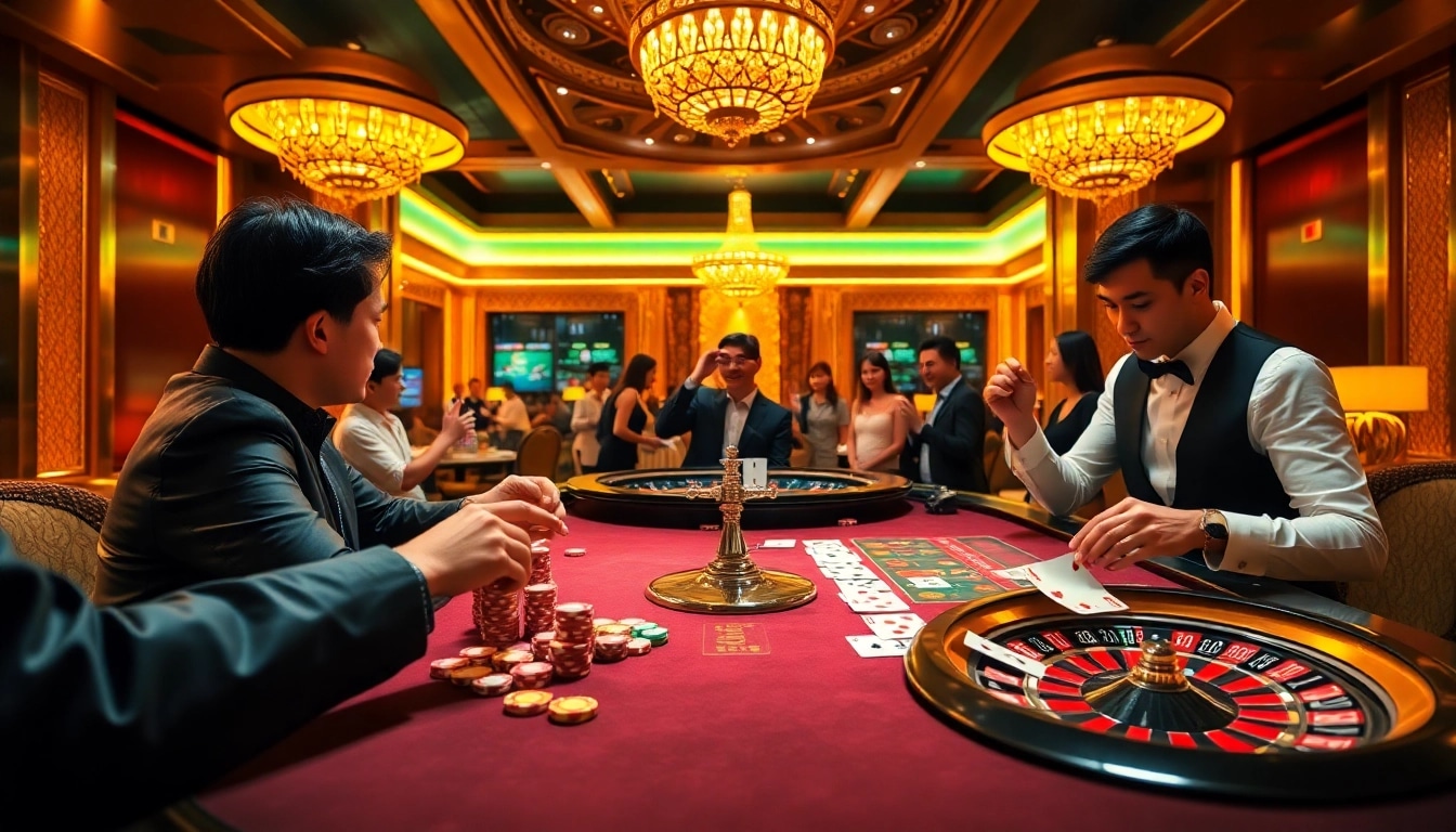 Engaging players in a k9k9 game at a stylish casino, highlighting excitement and winnings.