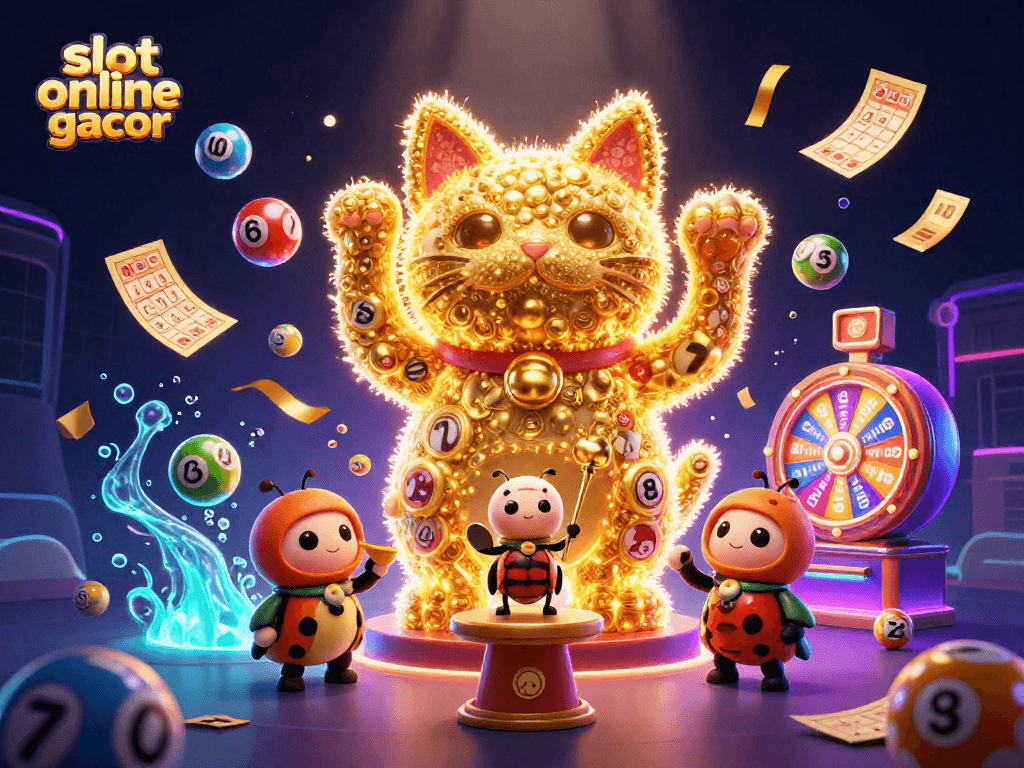 Membuka slot online gacor dengan simbol keberuntungan dan bola lotere yang ceria.