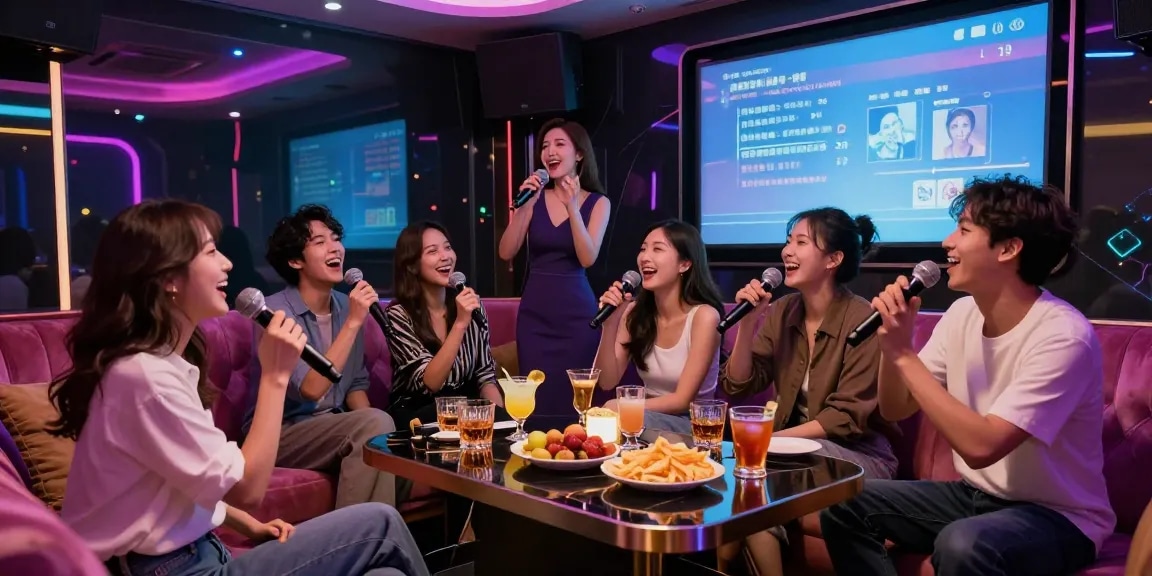 강남 가라오케 룸에서 친구들과 함께 노래를 즐기는 장면, 화려한 조명과 음료가 테이블을 가득 채운 모습