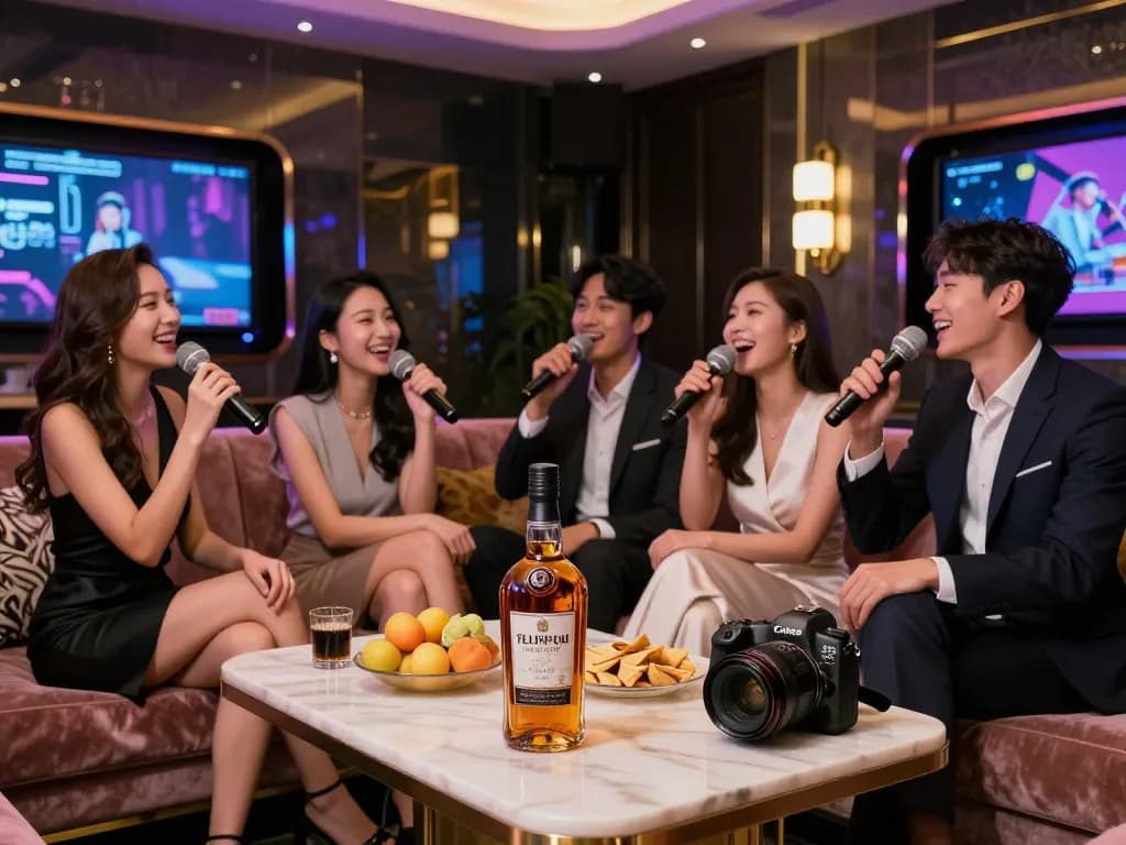 Experience the vibrant atmosphere of 강남쩜오 in a high-end karaoke lounge with elegant decor and exciting entertainment.