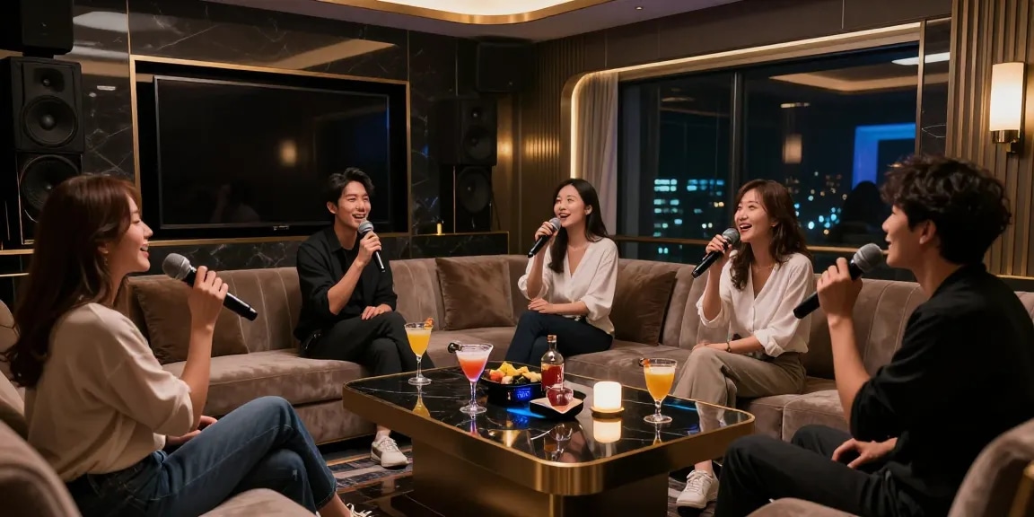 강남쩜오 고급스러운 프라이빗 노래방에서 손님들이 즐겁게 노래하는 모습