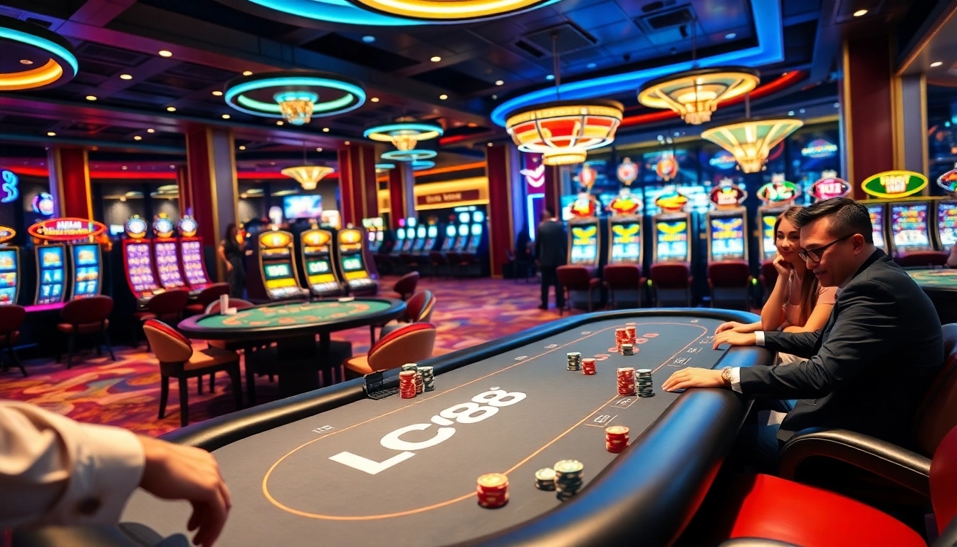 Players enjoying the thrill of an LC88 poker game at a vibrant casino table with colorful chips.
