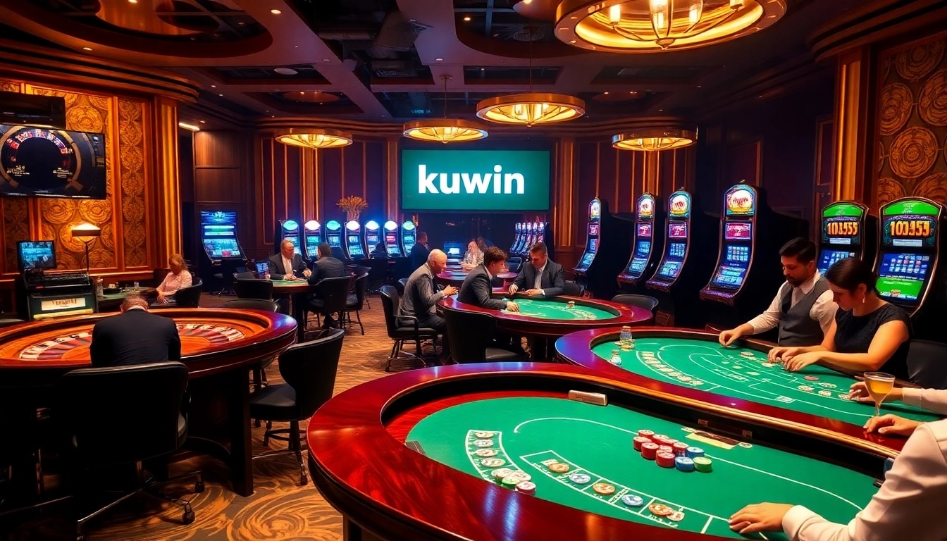 Kuwin players engaging in thrilling casino games with glamorous atmosphere and vibrant energy.
