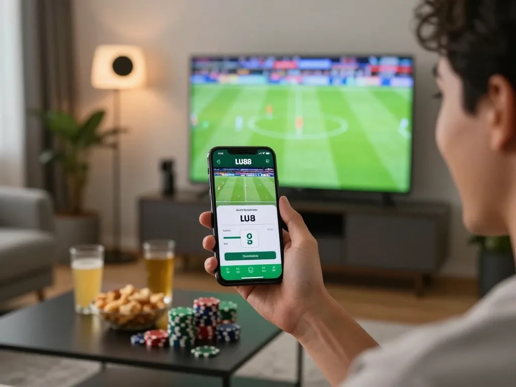 Person engaging with LU88 app for live sports betting in a vibrant home setting.