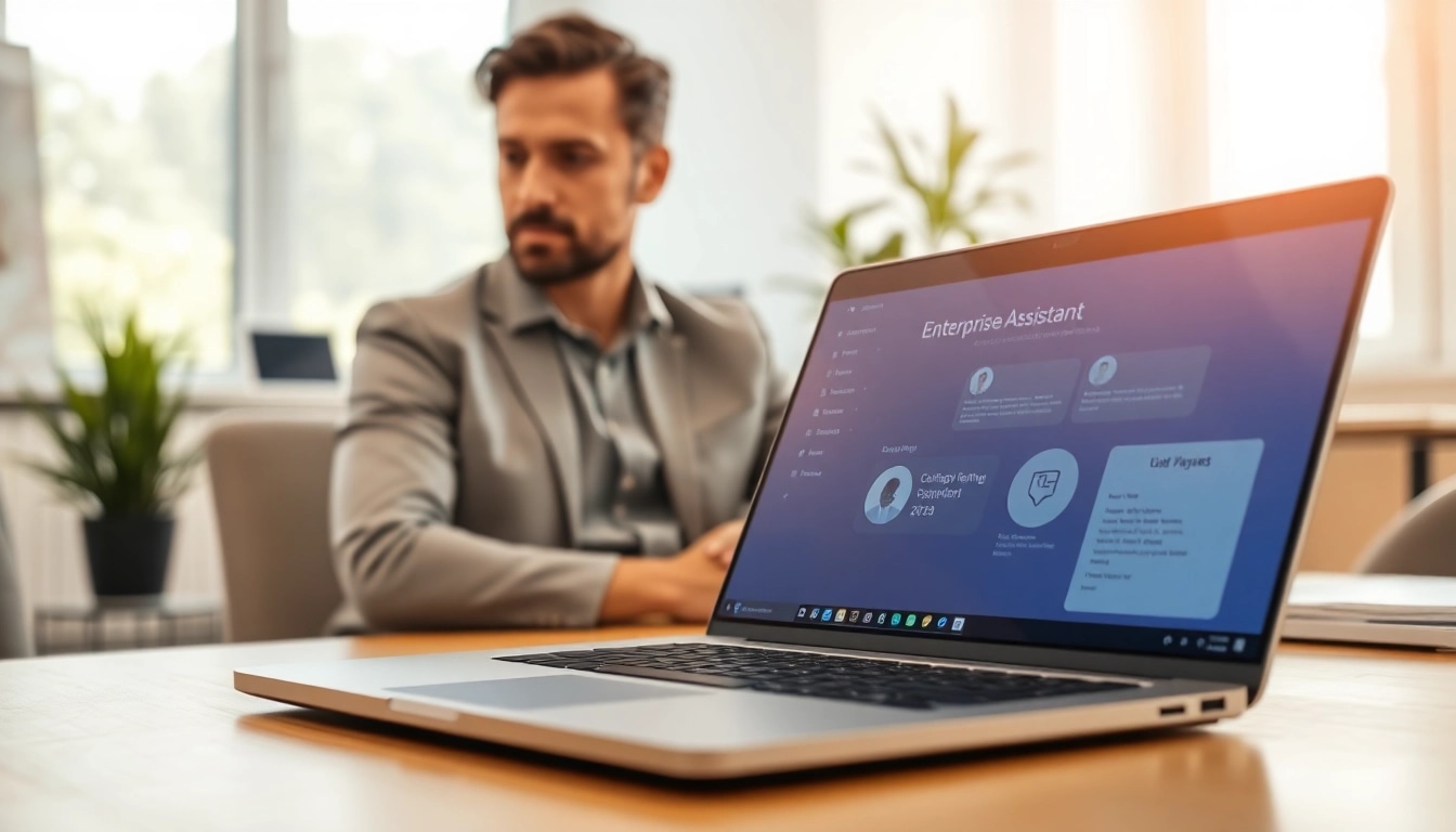 Enhance productivity with an enterprise assistant interface displayed on a laptop in a modern office.