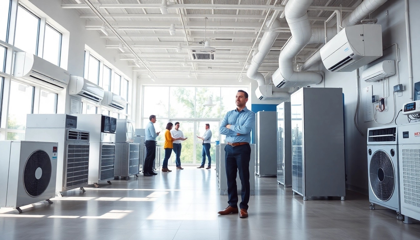 HVAC dealers showcase energy-efficient systems in a modern showroom filled with natural light.