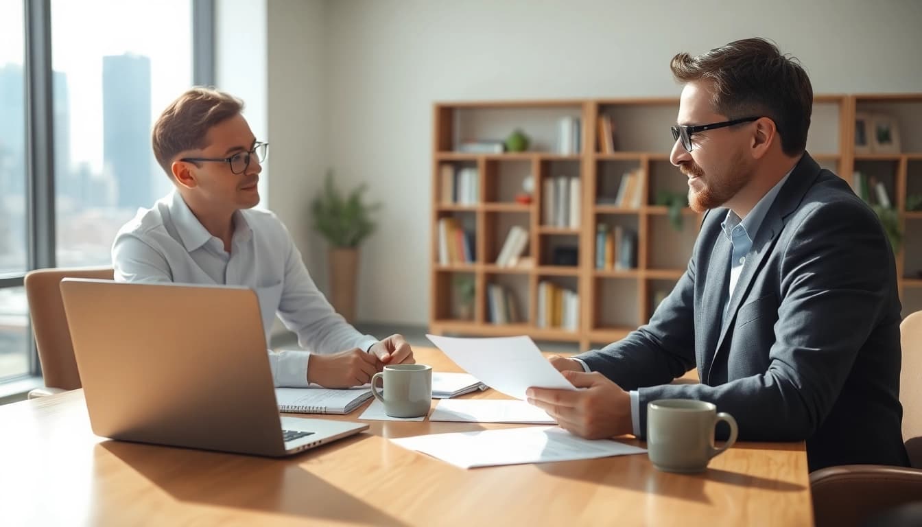 Consultant guiding a client through Property Insurance Claims in a professional office setting.