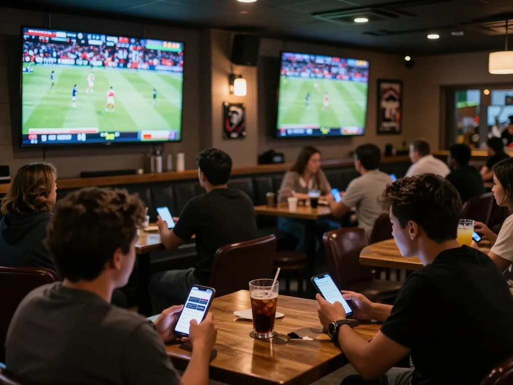 Betting excitement at 388bet sports bar with fans using apps during live games