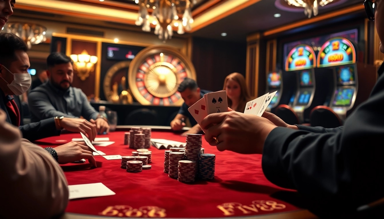 FIVE88 poker players engaged in an intense game at a luxurious casino table.