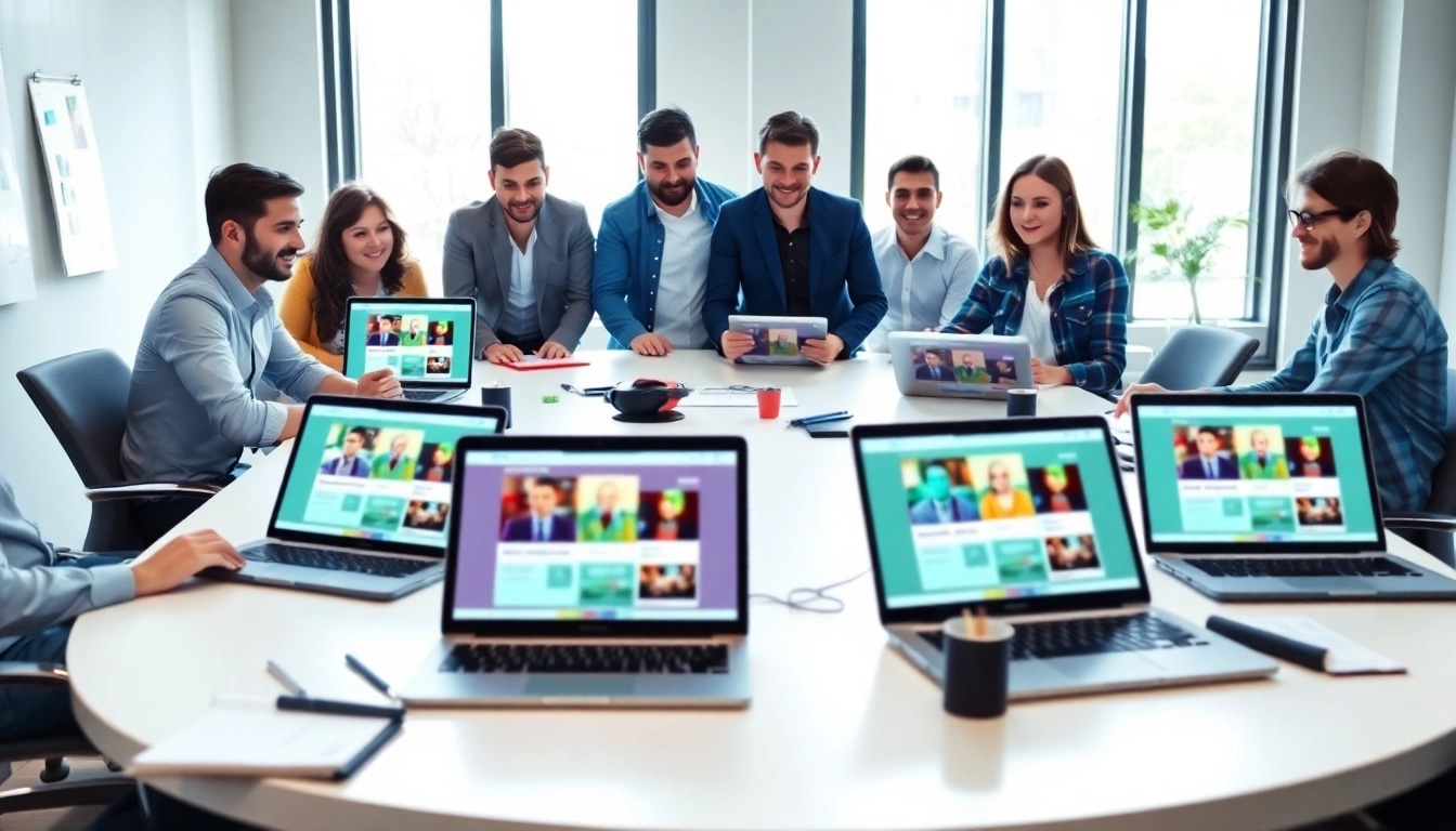Creative team collaborating on web design edmonton project with vibrant mockups.