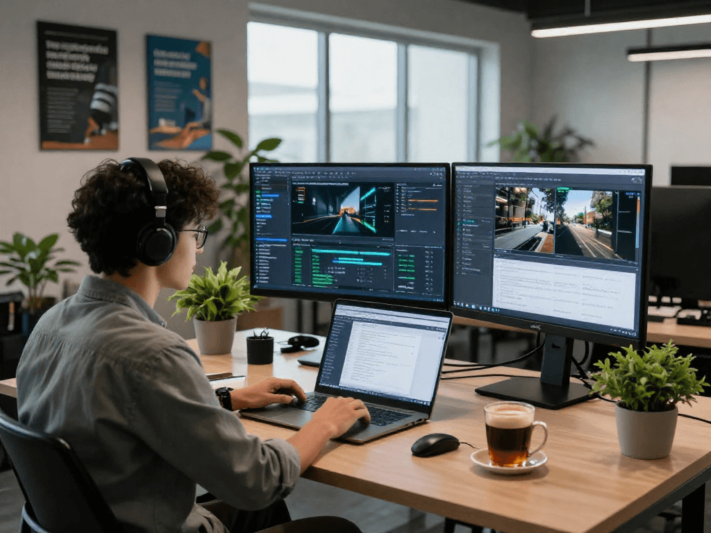 Content moderation expert using an ai image detector in a modern workspace, analyzing AI-generated images.