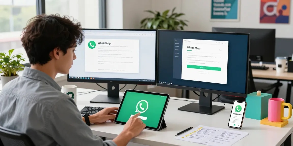 Installing WhatsApp下載 on a tablet in a modern tech workspace with bright natural light.