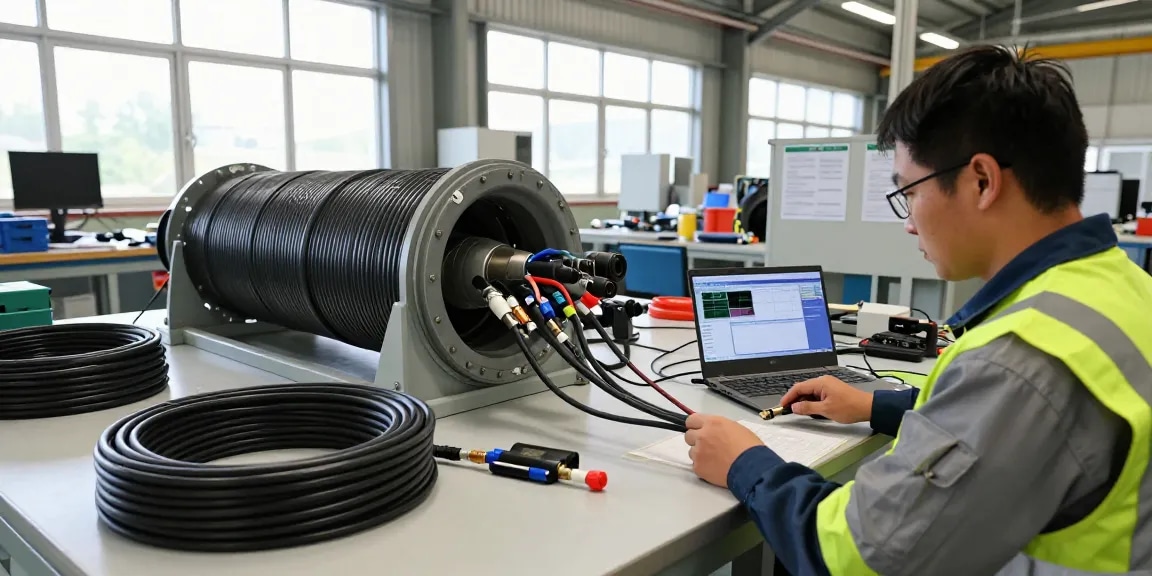Technician examining seismic cable setup with geophones in engineering workspace