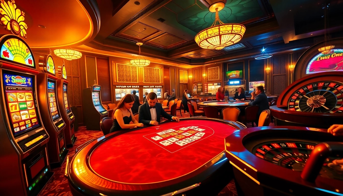 Experience thrilling gameplay at winstrike69 with vibrant roulette and slot machines in a luxurious casino setting.