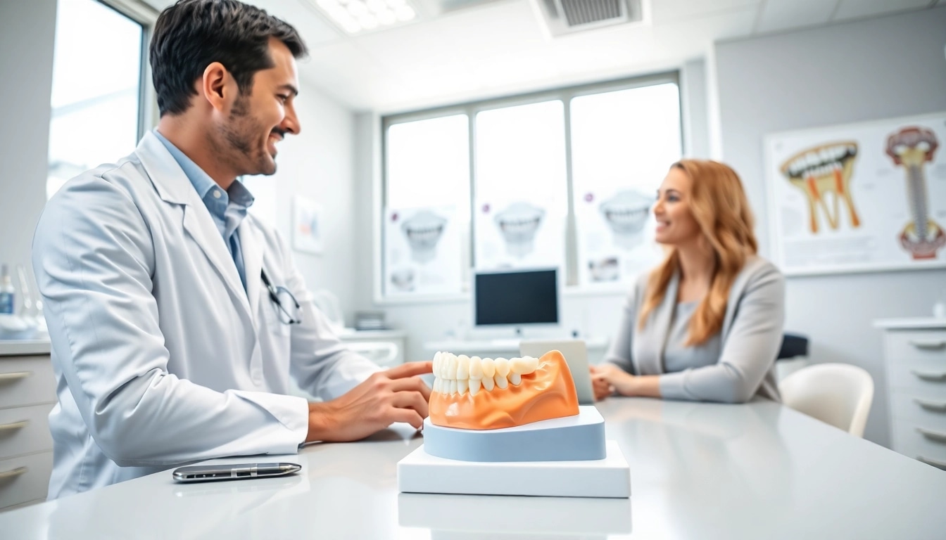 Consultation on Jaw alignment surgery Hawthorn with an orthodontist and patient discussing a model.