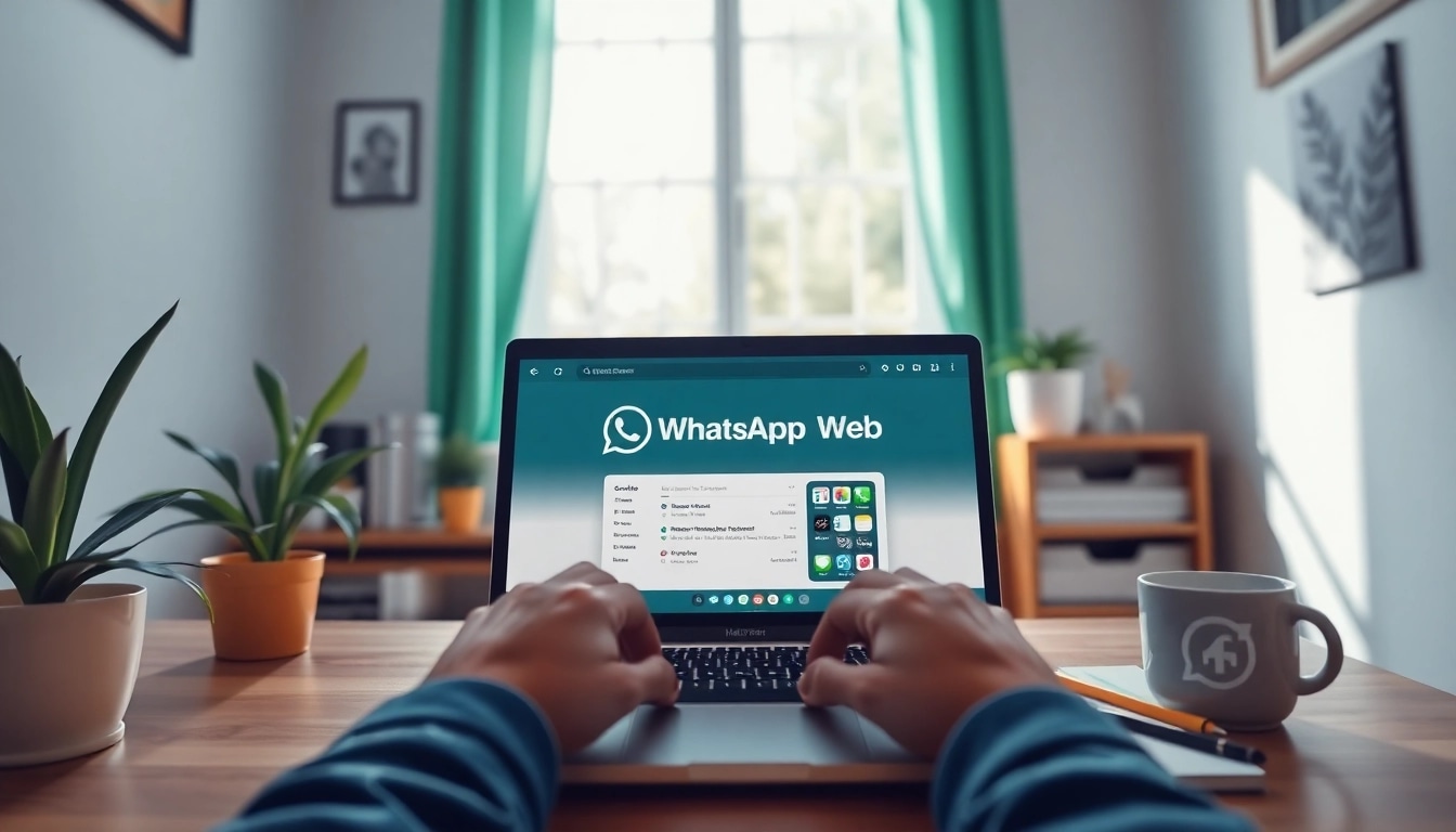 在舒适的家庭办公环境中,使用笔记本电脑与 WhatsApp Web 进行互动。