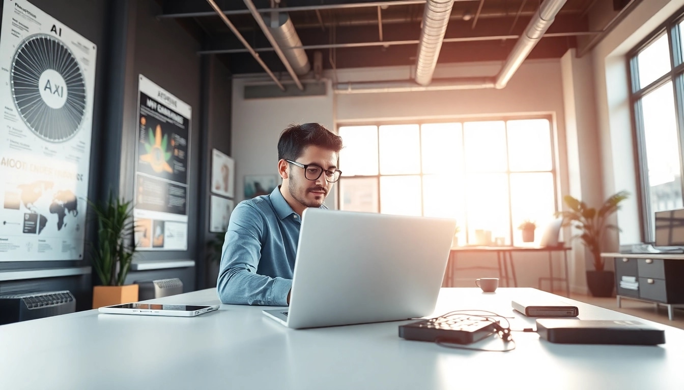 Engaged entrepreneur innovating an ai startup in a vibrant workspace.