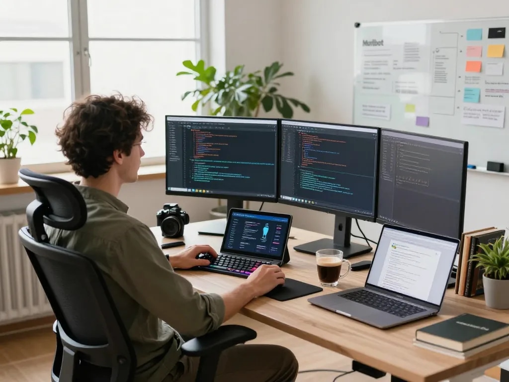 Dynamic workspace featuring a developer using a molt bot interface on multiple monitors with vibrant coding elements