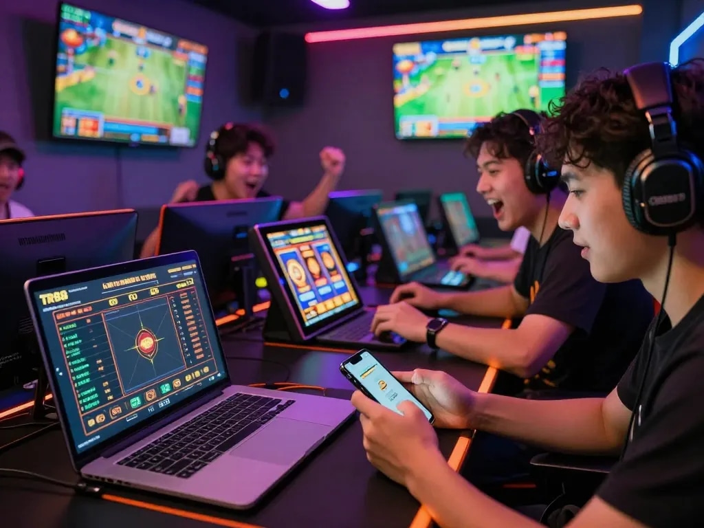Players enjoying diverse games on the TR88 online platform, focused on sports betting and casino slots.
