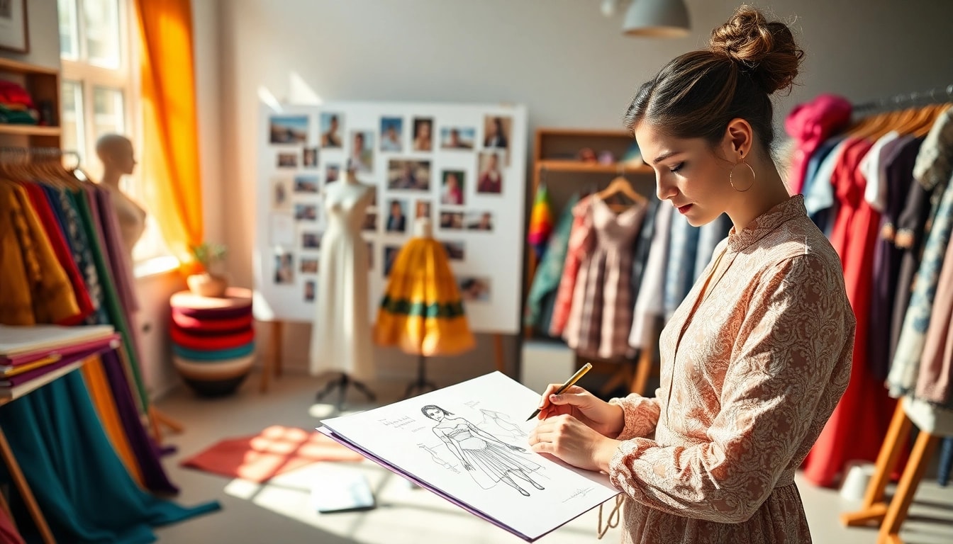 Fashion designer creating a gown with colorful fabrics and a mood of creativity.
