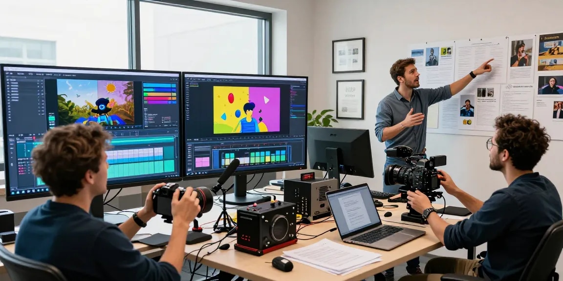 Dynamic collaboration at Dreambox Studio Singapore with creative team discussing video projects.