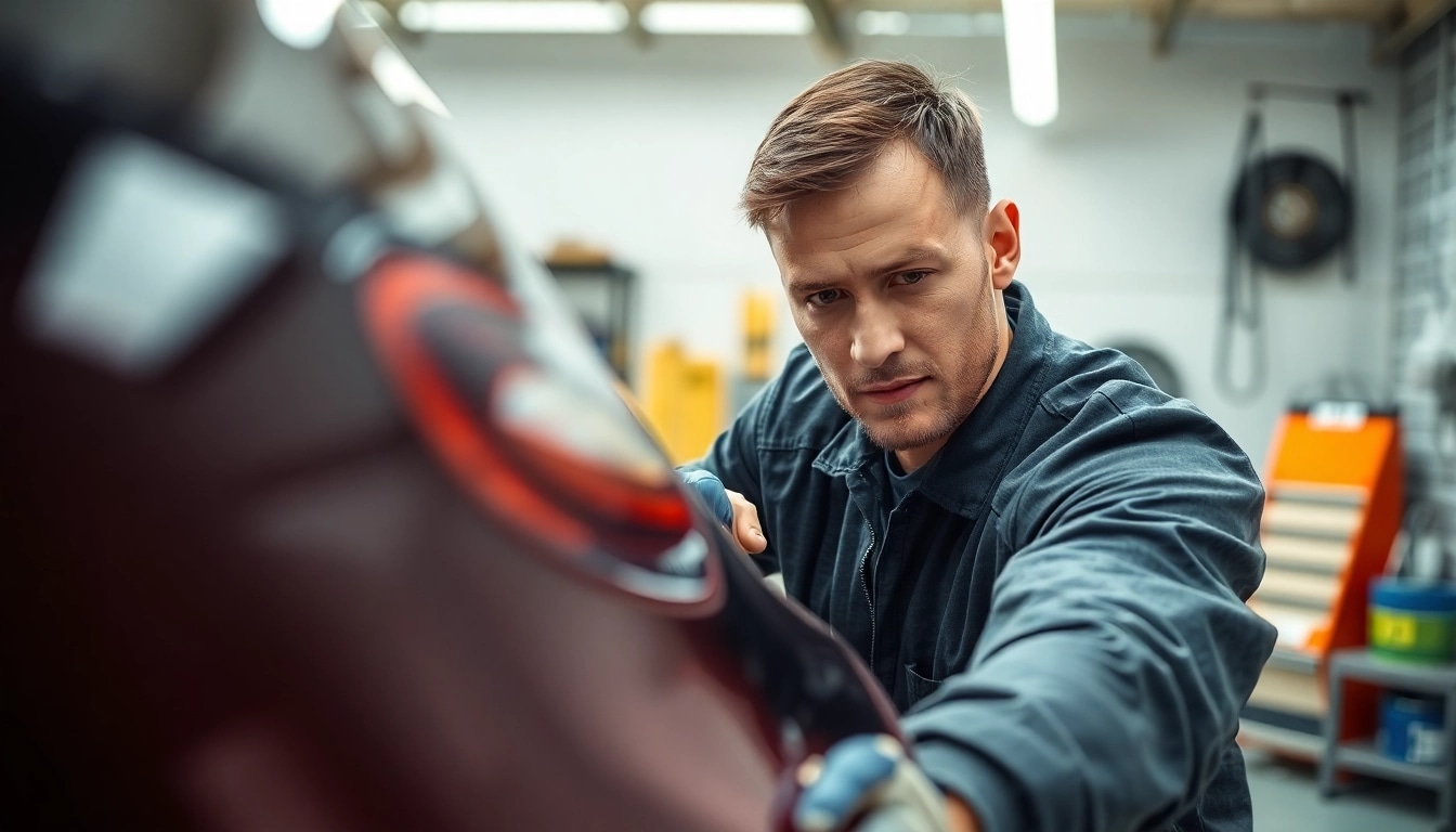 ScuffDoc mechanic performing precise bodywork repair on a vehicle, showcasing workmanship.