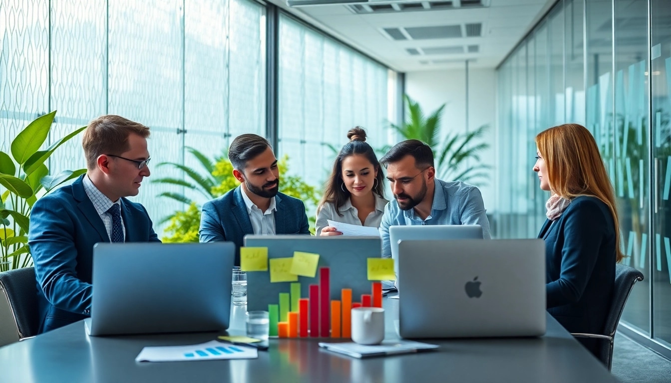 Showcasing business growth insights through team collaboration in a modern workspace.