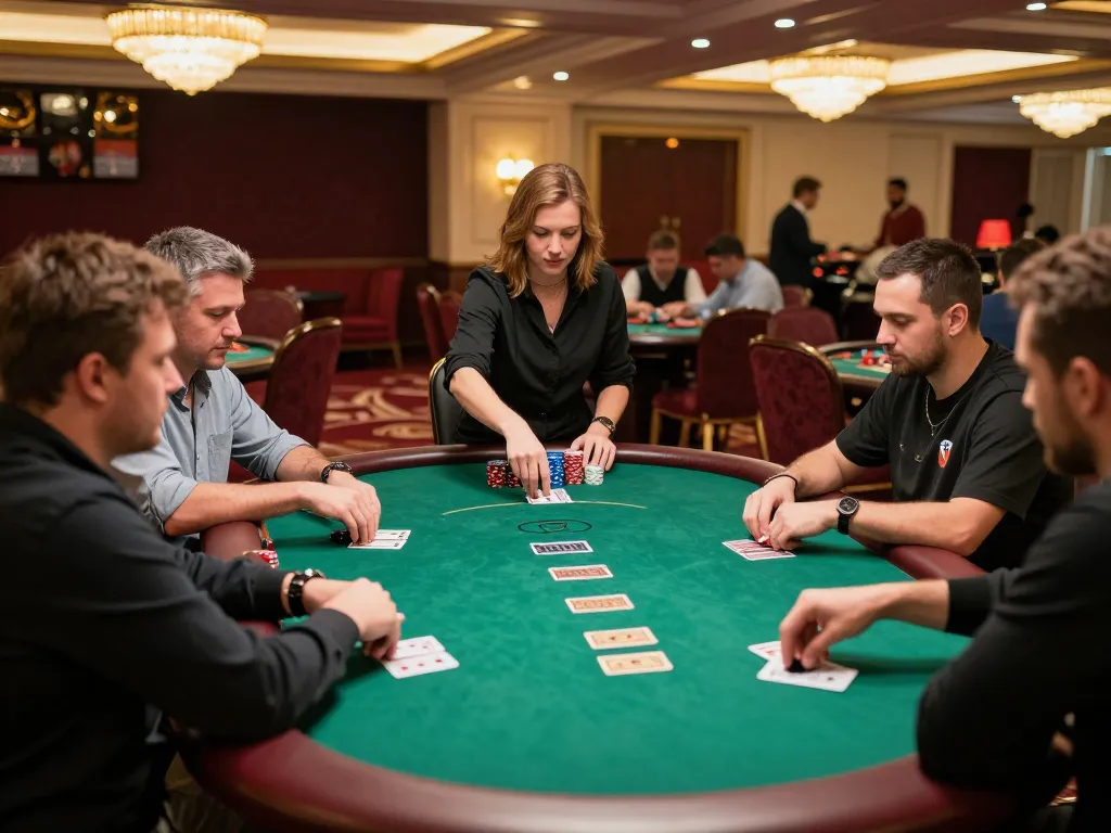 Players intensely strategizing at the poker table in the upscale MM 88 casino.